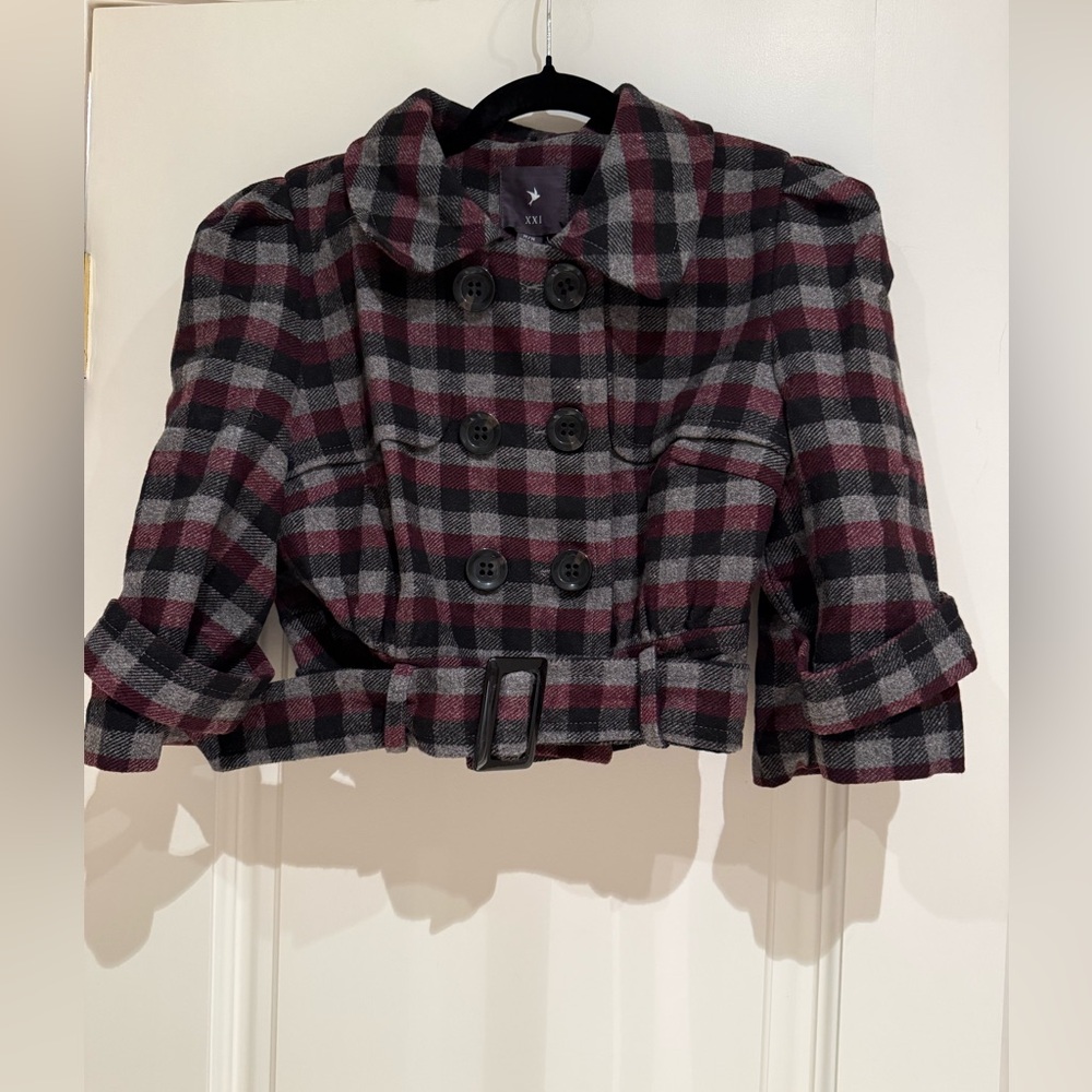 Forever 21 Black and Red Plaid Pea Coat